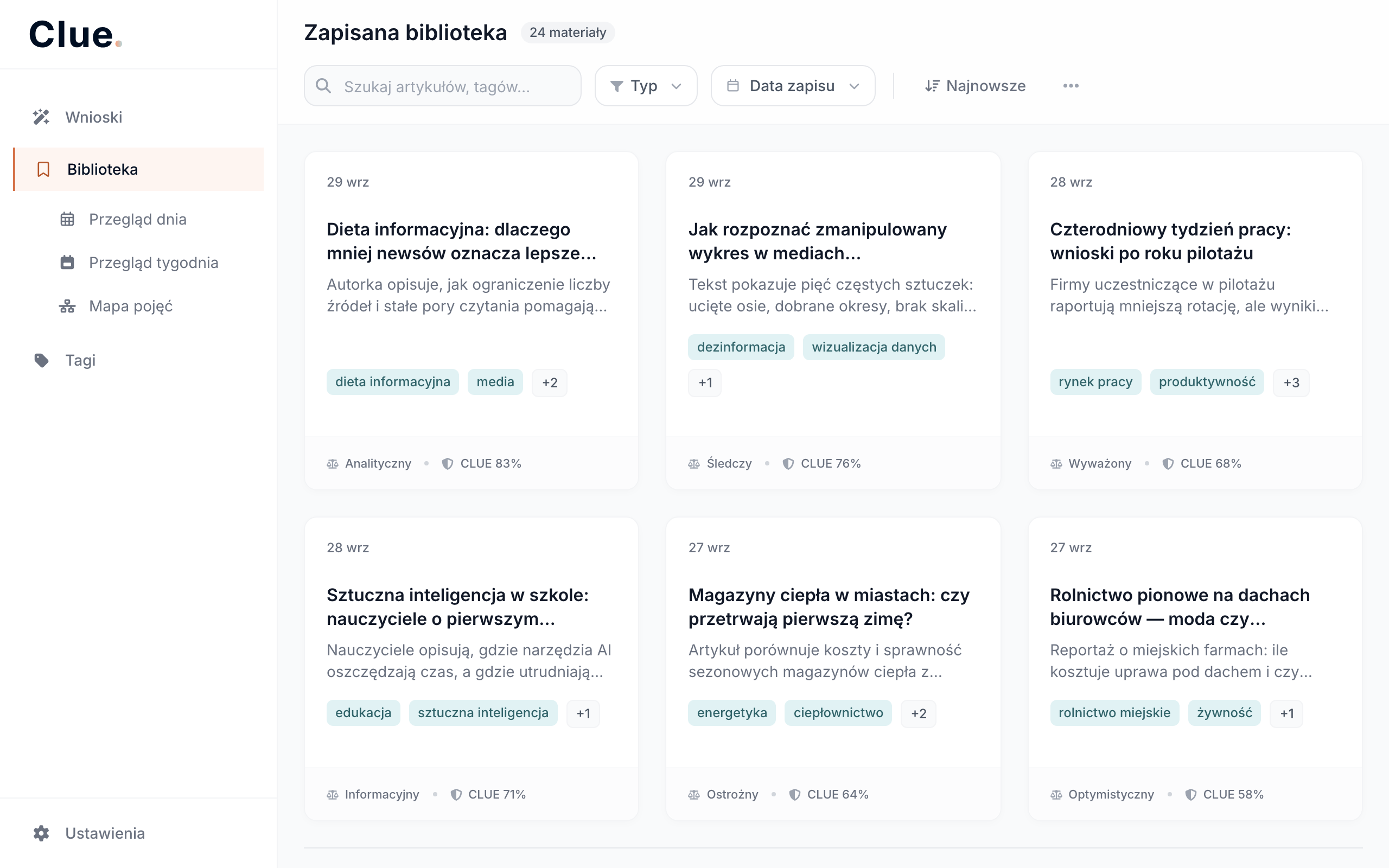 Biblioteka Clue. z przykładowymi artykułami: podsumowanie, tagi, ton i ocena źródła